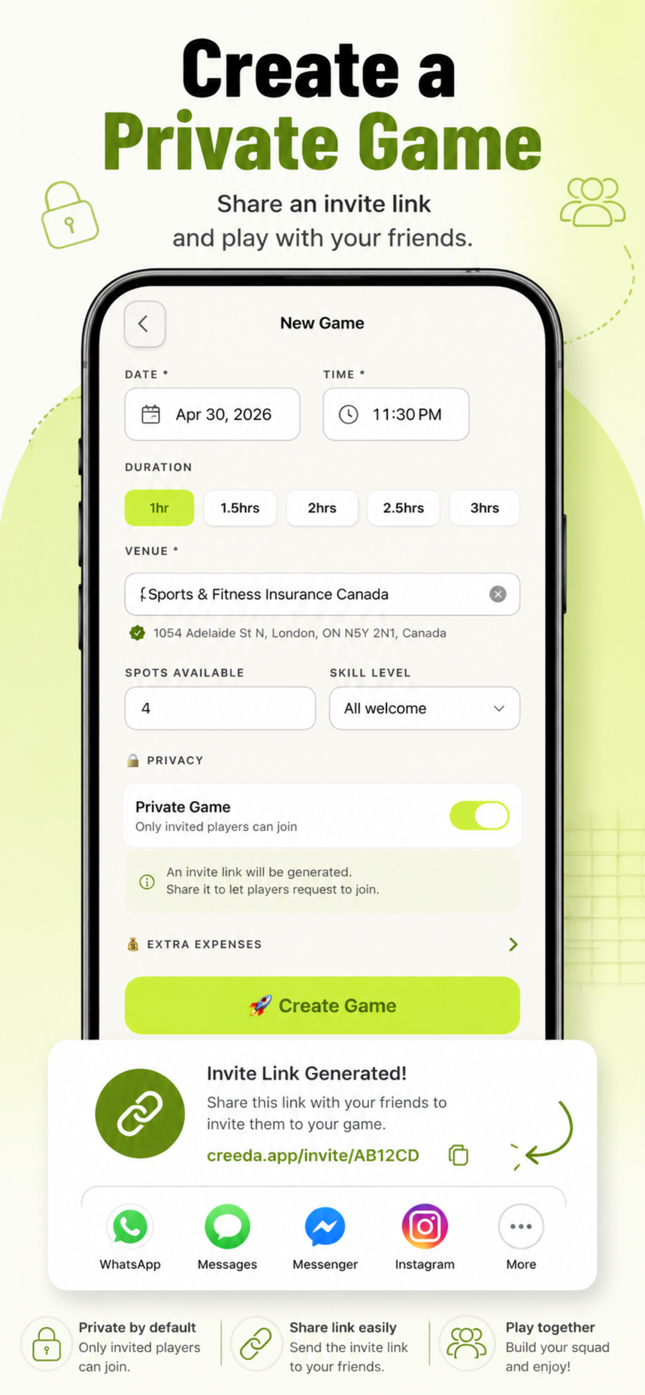 Create a Private Game screen with invite link