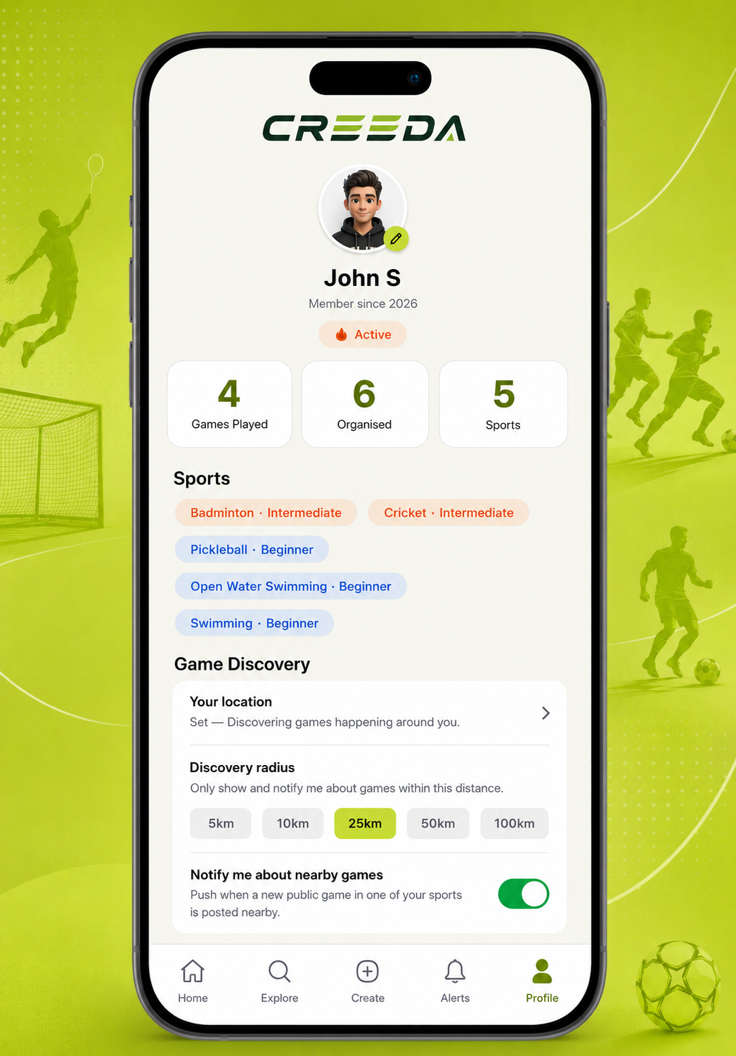 Profile screen with Game Discovery radius settings